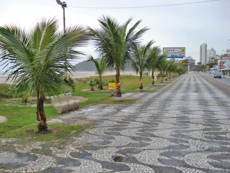 Calçadão em mosaico com palmeiras e vista para o oceano em Caiobá