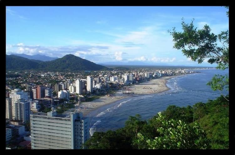 Vista costeira elevada da baía a partir de encosta arborizada